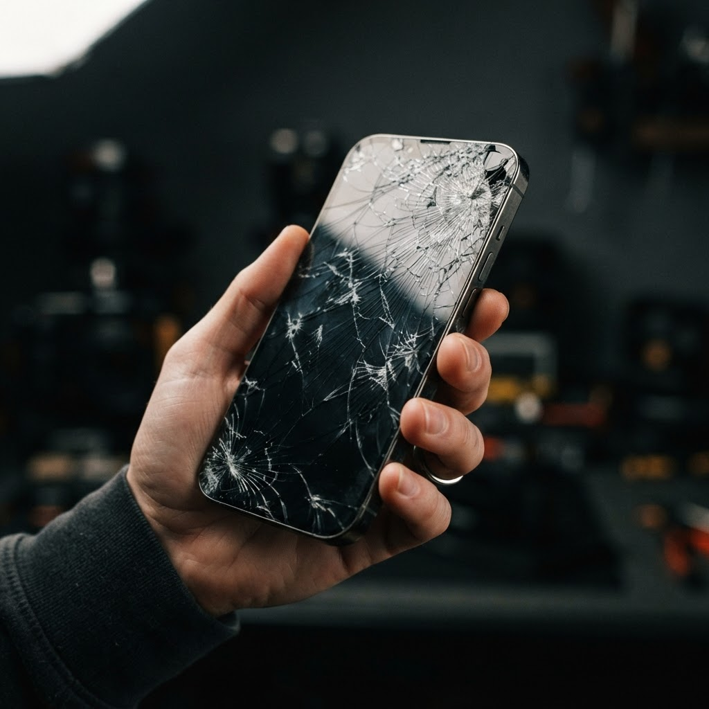 A modern smartphone with a badly cracked screen held in a hand