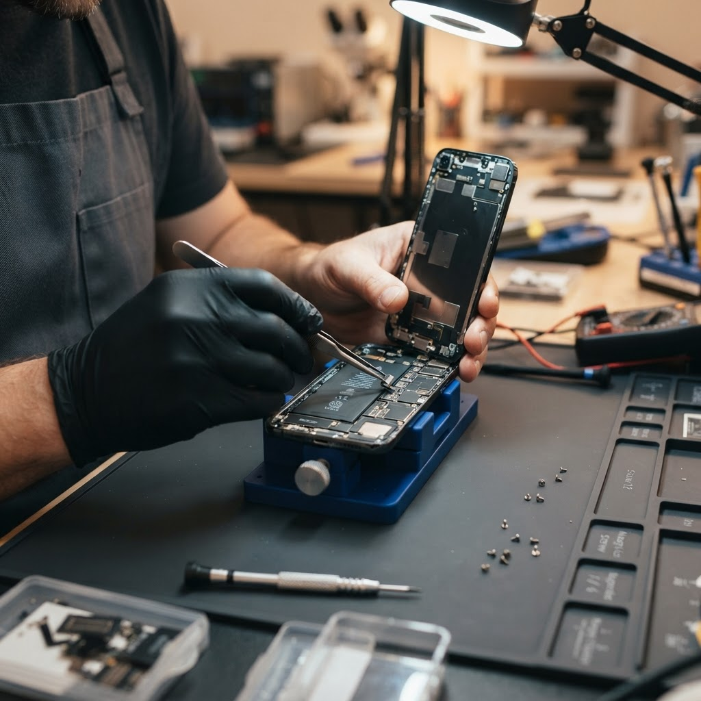 A technician repairing the internal components of a phone with precision tools